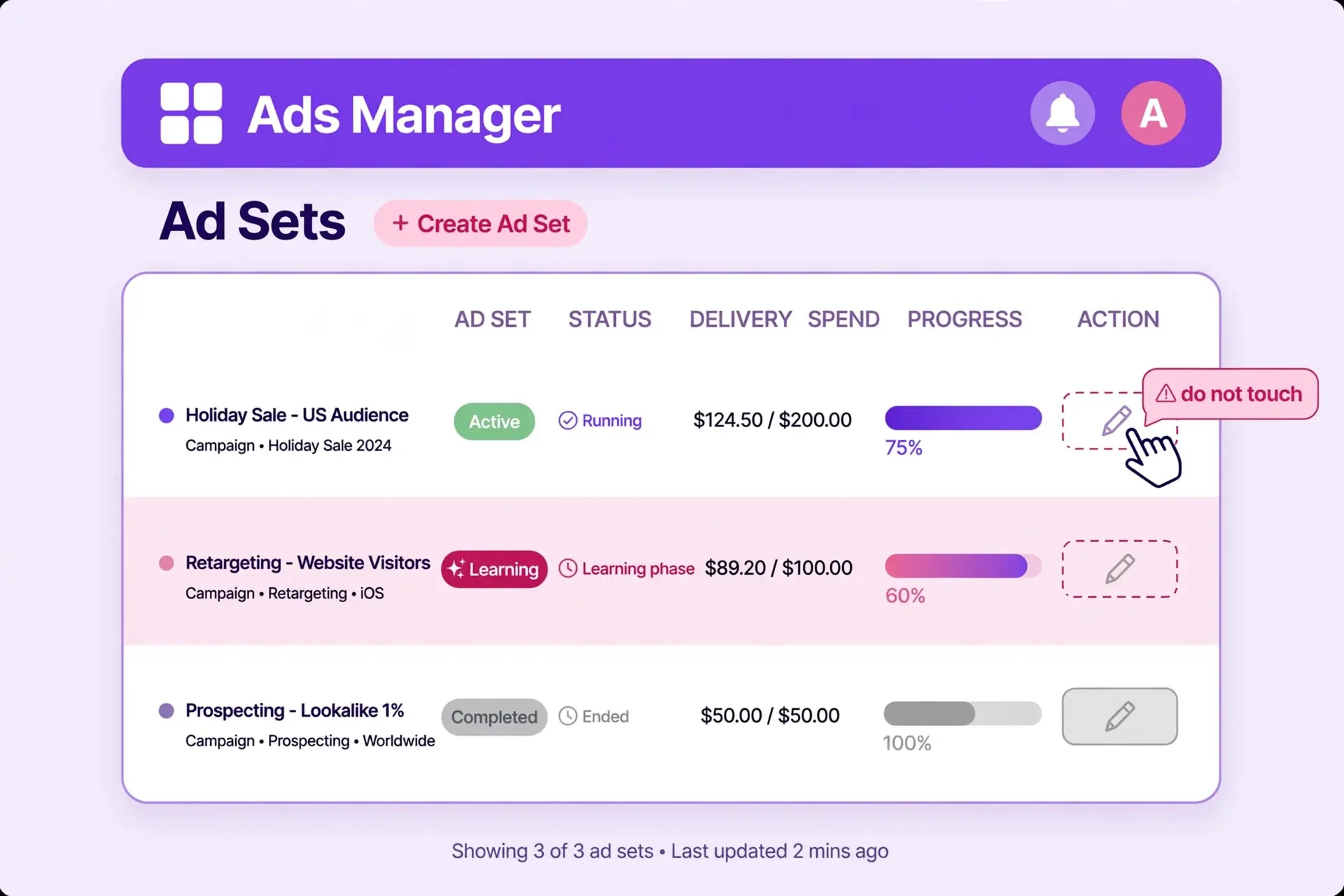 Meta Ads Manager ad set showing learning phase status